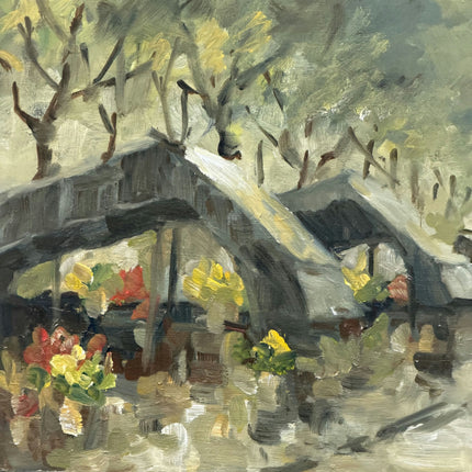 Expressive Dutch Cityscape Oil Painting "Flower Market" Vintage Large Art Holland Art Shop