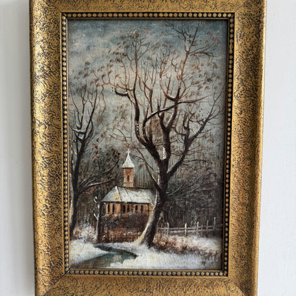 Timeless Winter Landscape Oil Painting "Snowy Church" Rustic Small Art Holland Art Shop