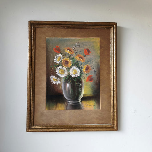 20th Century Glass Vase Wildflowers Daisies Poppies Oil Painting Vintage