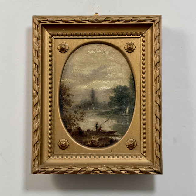 19th Century Antique Landscape Oil Painting "Fishermen Boat" Small Artwork Holland Art Shop