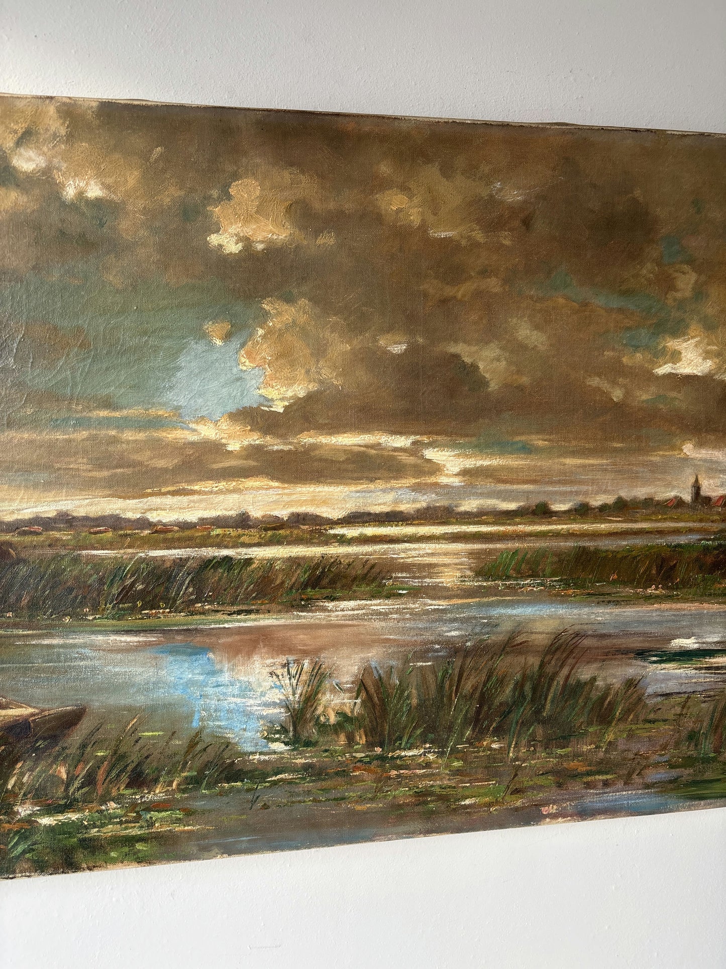 20th Century Marsh Boat Clouds Sunset Village Vintage Oil Painting Authentic