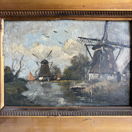 19th Century Antique Landscape Oil Painting "Sailboat Mast" Small Artwork Holland Art Shop