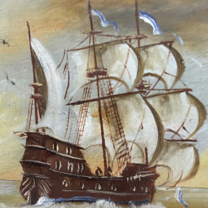 Vintage Seascape Oil Painting "Sailing Ship" Rustic Small Artwork Holland Art Shop