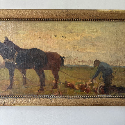 19th Century Antique Figurative Oil Painting "Pair Of Horses" Dutch Art Holland Art Shop