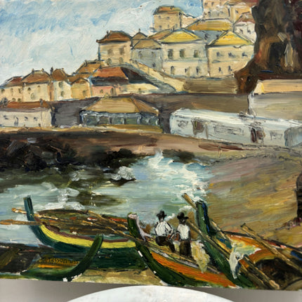Vintage Cityscape Oil Painting "Fishing Boats" Rustic Small Artwork Holland Art Shop