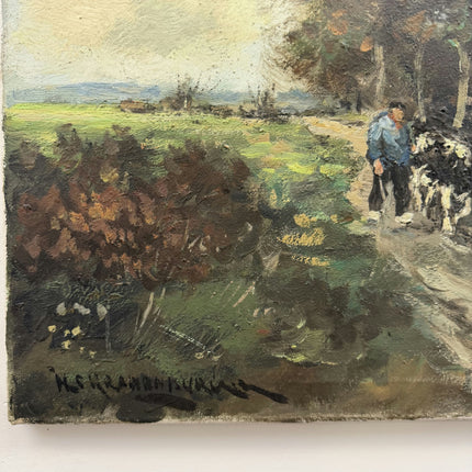 Vintage Landscape Oil Painting "Man With Cow" Elegant Art Holland Art Shop