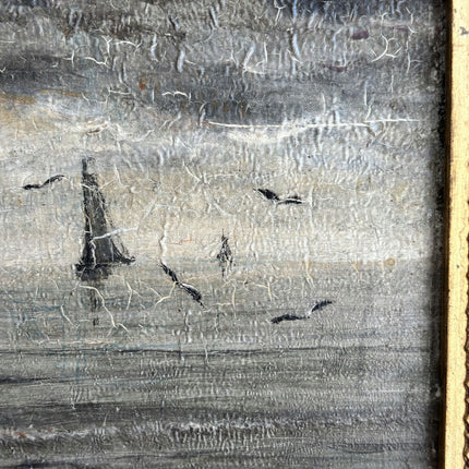 19th Century Antique Seascape Oil Painting "Gilded Frame" Belgique Artwork Holland Art Shop