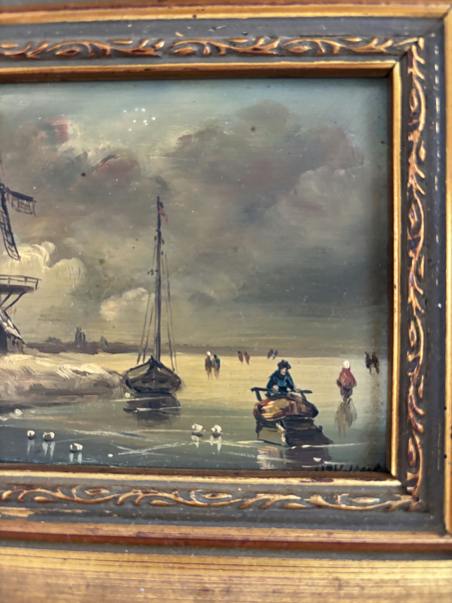 Remarkable Oil Painting Winter Landscape "Windmill Scene" Intriguing Small Art