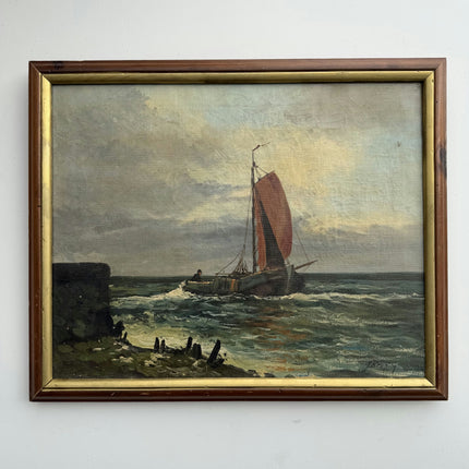 Rustic Seascape Oil Painting "Red Sailboat" Traditional Art Holland Art Shop