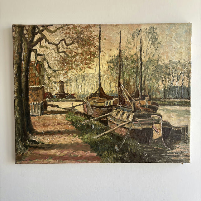 Vintage Harbor Scene Oil Painting "Mooring Boats" Expressive Artwork Holland Art Shop
