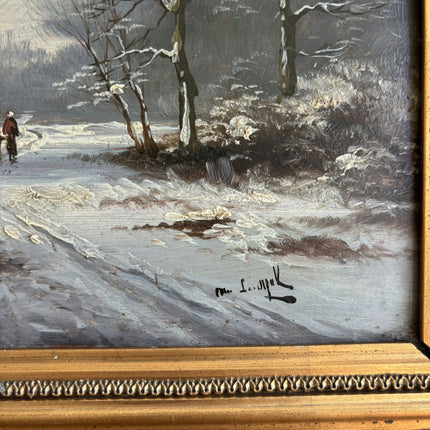 19th Century Antique Winter Landscape Oil Painting "Snow Path" Small Art Holland Art Shop
