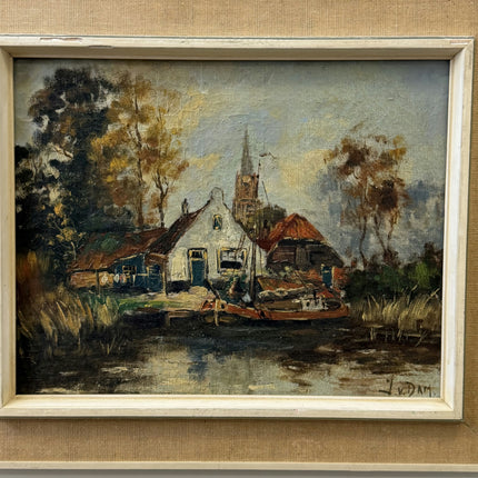 Timeless Farm Oil Painting "Riverside Cottage" Vintage Small Art Holland Art Shop