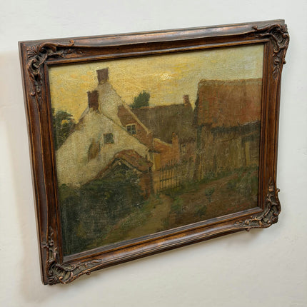 19th Century Antique Landscape Oil Painting "Village Roofs" Artwork Holland Art Shop