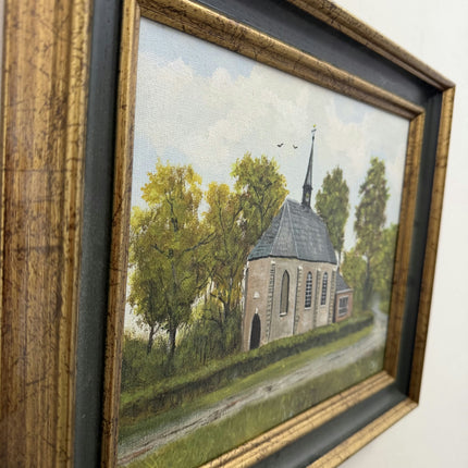 Vintage Cityscape Oil Painting "Village Church" Elegant Small Artwork Holland Art Shop