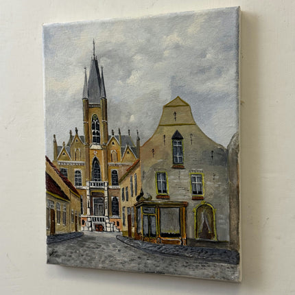 Rustic Cityscape Oil Painting "Gothic Church" Detailed Small Artwork Holland Art Shop
