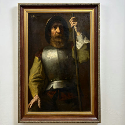 19th Century Antique Portrait Oil Painting "Armored Guard" Large Artwork Holland Art Shop