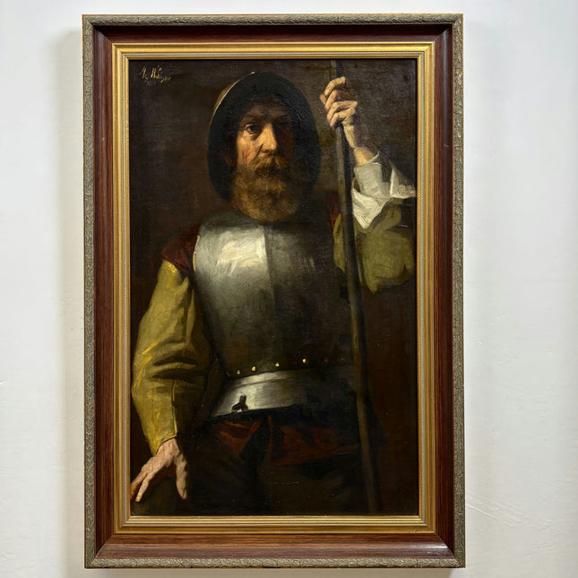 19th Century Antique Portrait Oil Painting "Armored Guard" Large Artwork Holland Art Shop