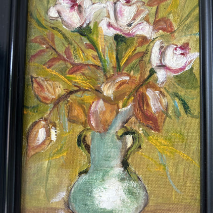 Handcrafted Floral Still Life Oil Painting "Green Vase" Expressive Small Artwork Holland Art Shop