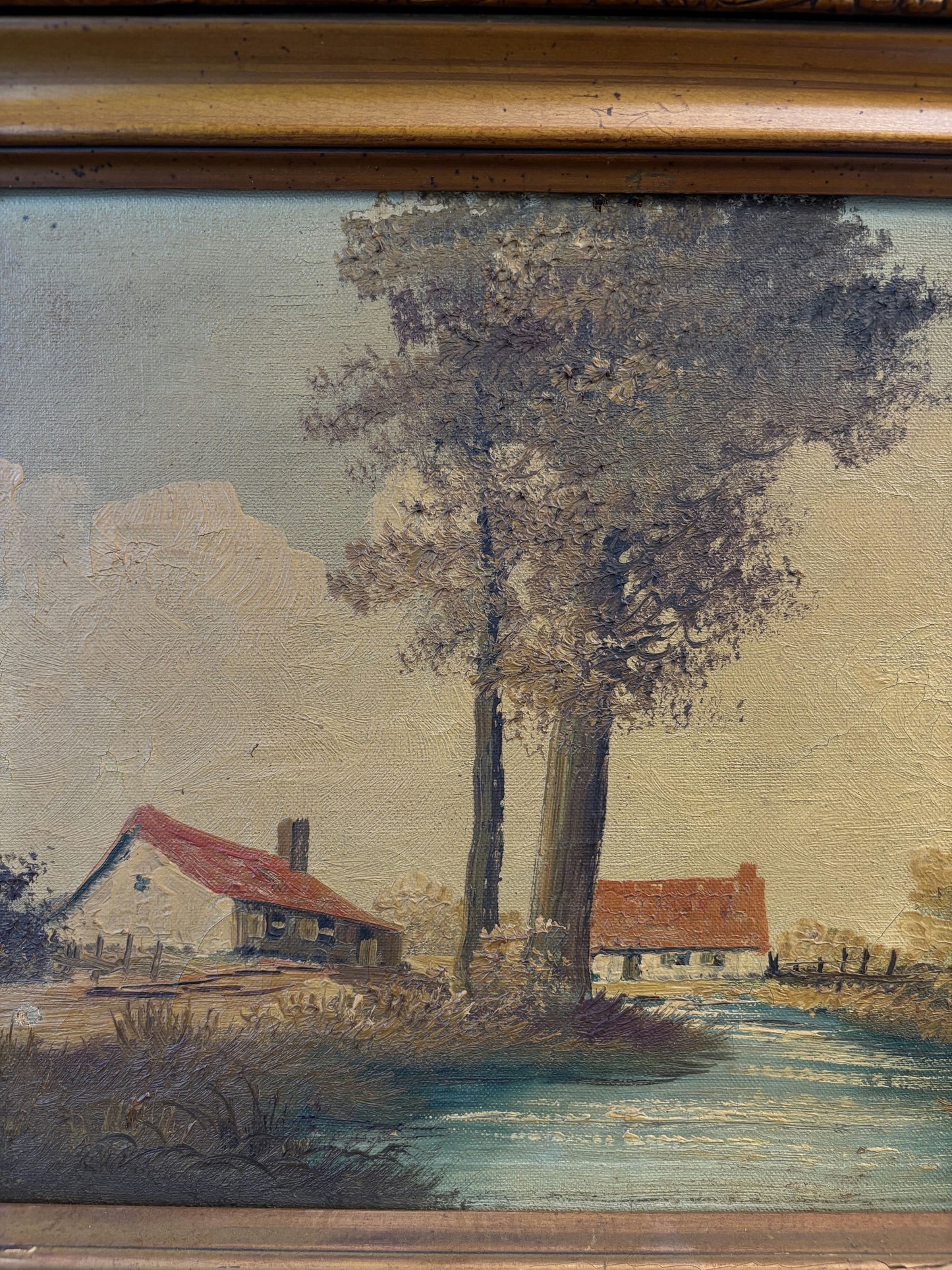 Fine Oil Painting Farm "Red Roof Cottage" Traditional Medium Artwork