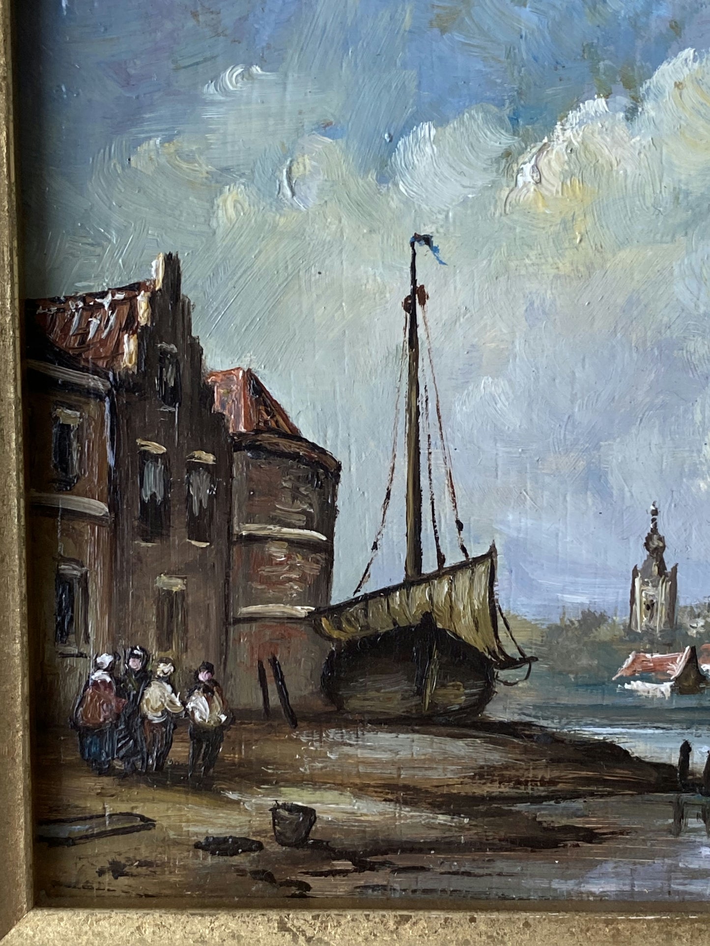 20th Century Vintage Dutch Village Riverside Boats Church Sky Oil Painting