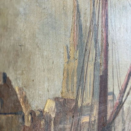 Detailed Harbor Scene Oil Painting "Docked Boats" Vintage Artwork Holland Art Shop