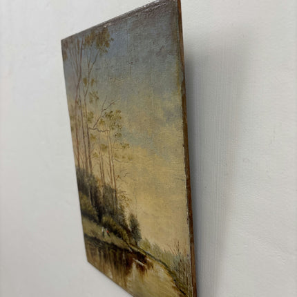 19th Century Antique Landscape Oil Painting "River Bank" Small Art Holland Art Shop