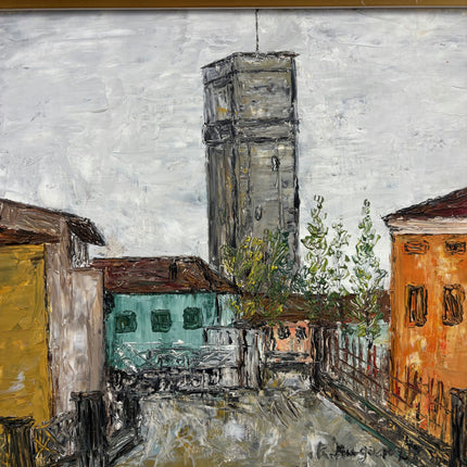 Handcrafted Cityscape Oil Painting "Tall Tower" Rustic Artwork Holland Art Shop