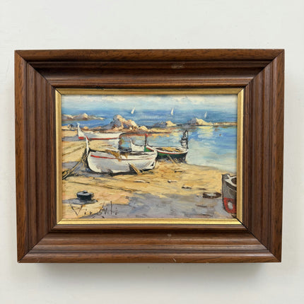 Authentic Harbor Scene Oil Painting "Striped Boats" Classic Small Art Holland Art Shop
