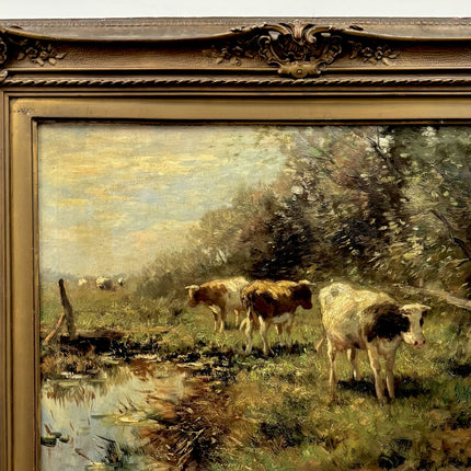 Elegant Animals Oil Painting "Grazing Cows" Vintage Dutch Artwork Holland Art Shop