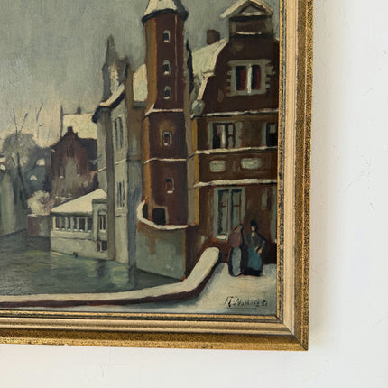 Handcrafted Oil Painting Cityscape "Snowy Street Corner" Remarkable Small Art Holland Art Shop