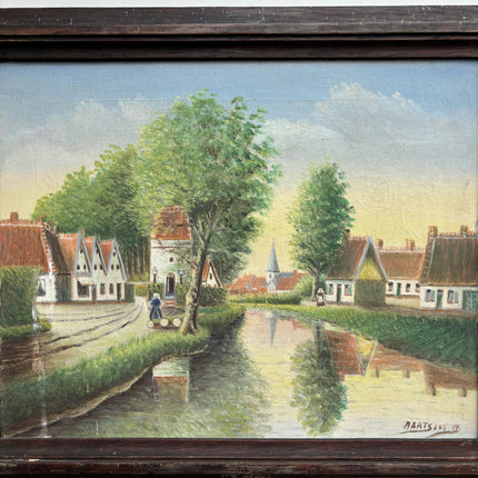 Vintage Cityscape Oil Painting "Village Canal" Traditional Artwork Holland Art Shop