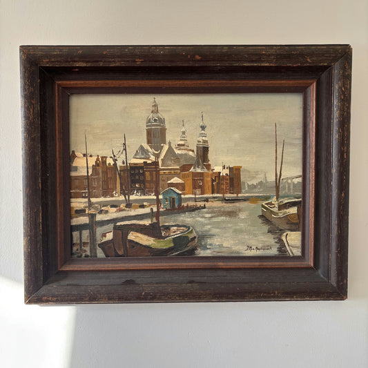 Figurative Oil Painting "Canal Boats" Marvelous Medium Artwork