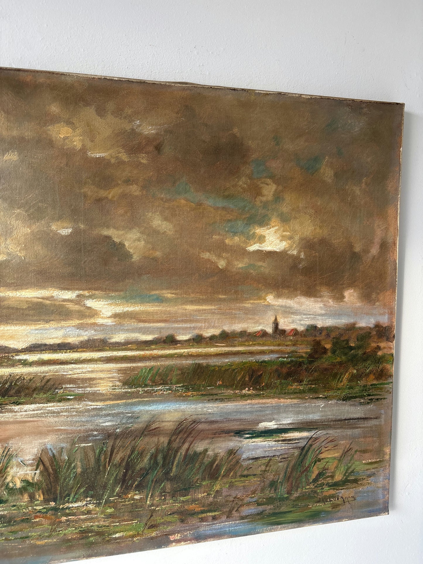 20th Century Marsh Boat Clouds Sunset Village Vintage Oil Painting Authentic
