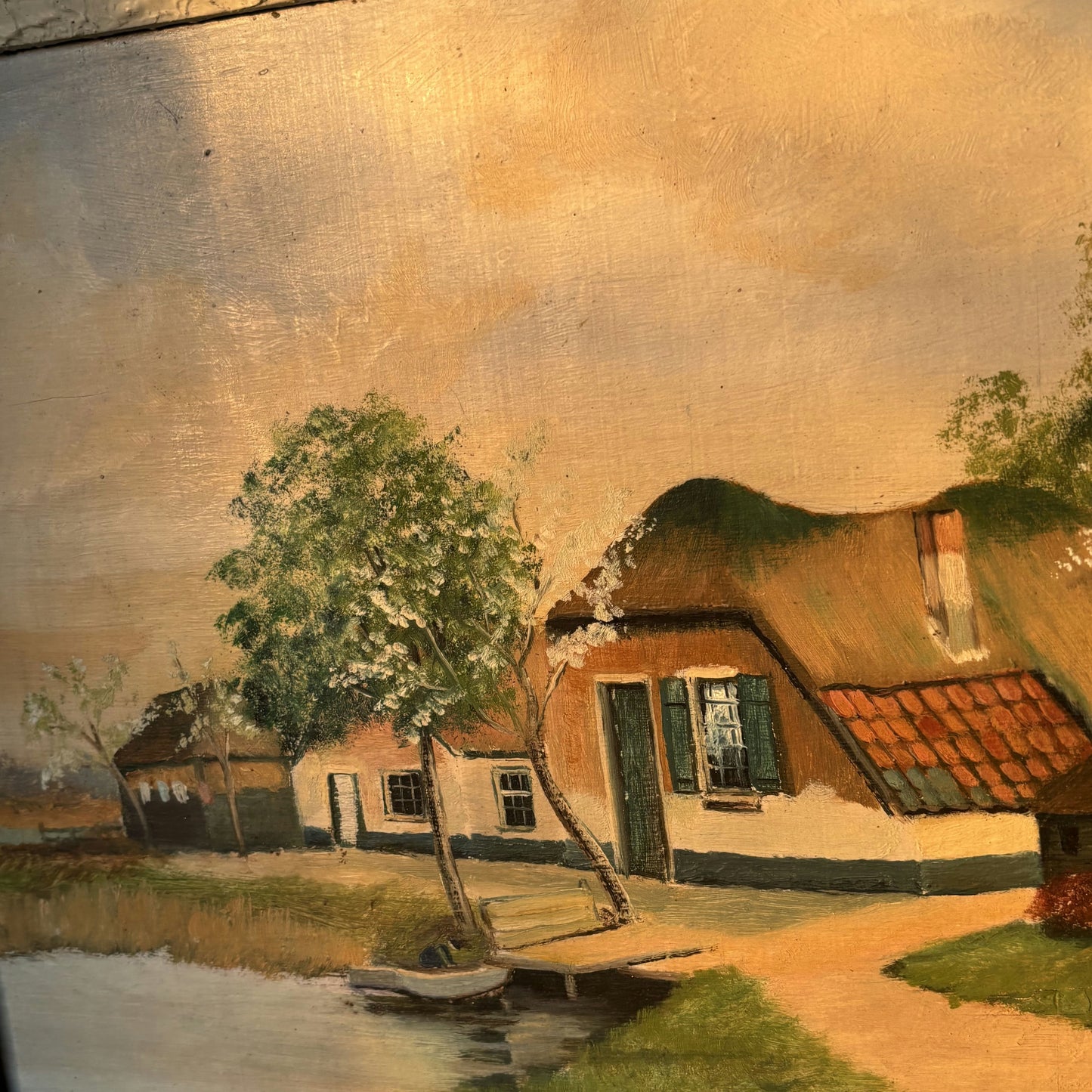 Antique Oil Painting "Thatched Roof Cottage" Marvelous Medium Art