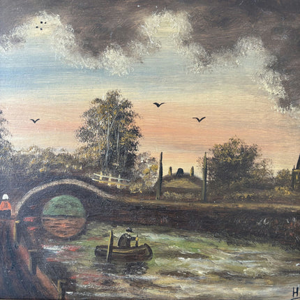 Detailed Harbor Scene Oil Painting "River Boat" Classic Small Artwork Holland Art Shop