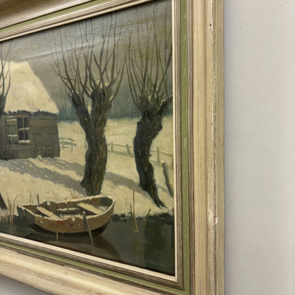 Refined Winter Landscape Oil Painting "Snowy Boat" Vintage Dutch Art Holland Art Shop