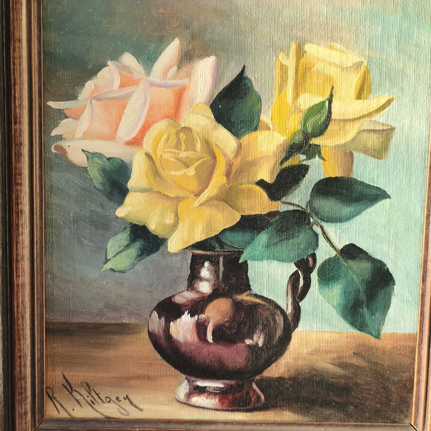 Vintage "Yellow Rose" Artist R. Kiltgen presumably Swedish Oil Painting