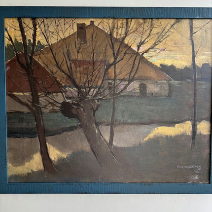 1942 Farm Oil Painting "Thatched Roof" Art Holland Art Shop