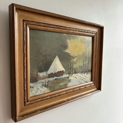 Original Winter Landscape Oil Painting "Snowy Cottage" Vintage Small Artwork Holland Art Shop