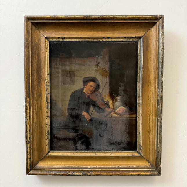 19th Century Antique Portrait Oil Painting "Violin Player" Small Artwork Holland Art Shop