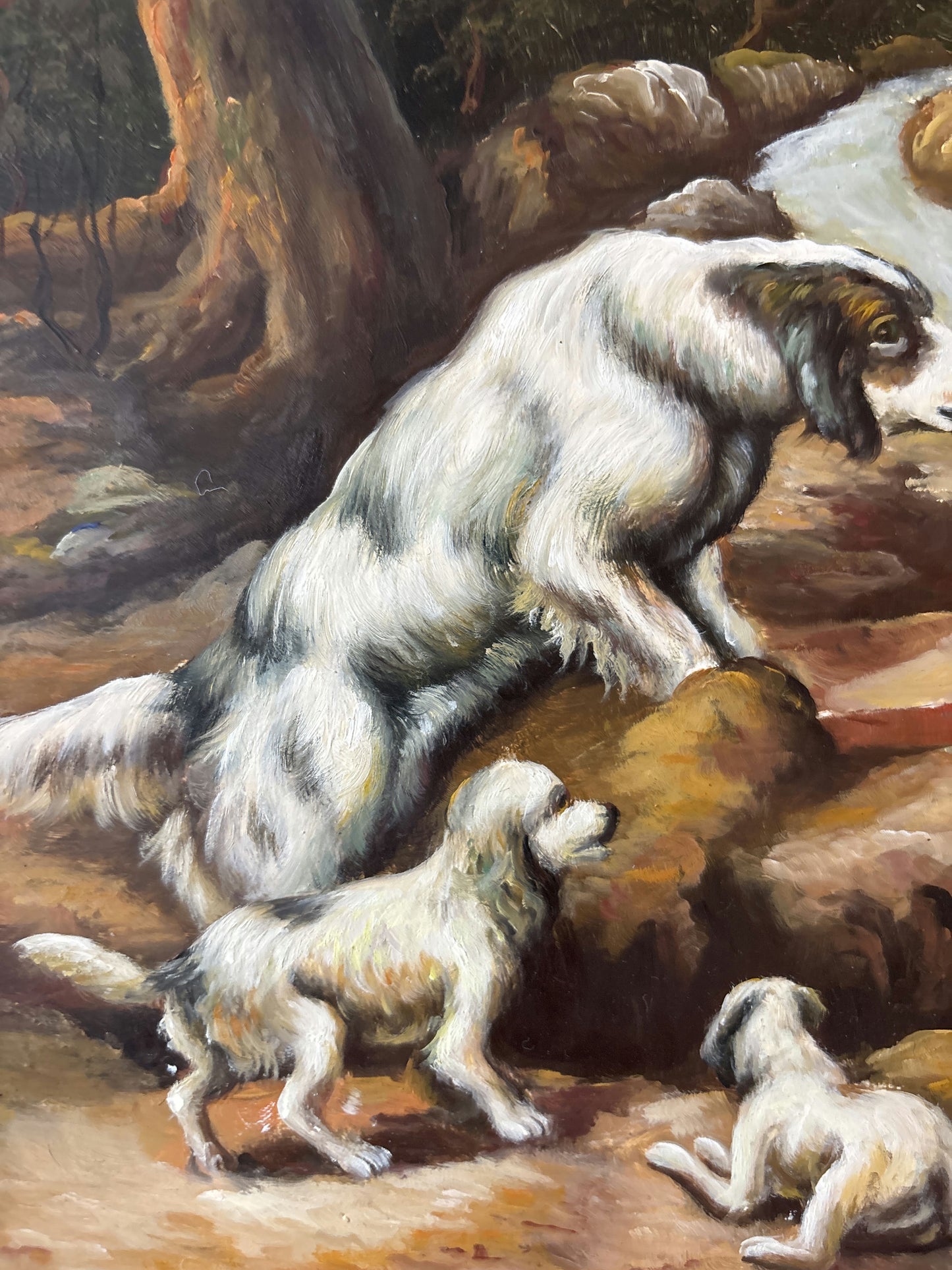 Antique Hand Made Dogs River Rocks Forest Bridge Oil Painting