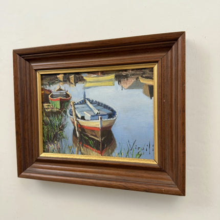 Elegant Harbor Scene Oil Painting "Two Boats" Traditional Small Art Holland Art Shop