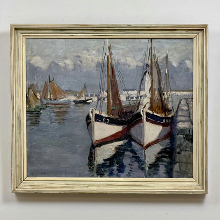 Expressive Harbor Scene Oil Painting "Fishing Boat" Vintage Large Artwork Holland Art Shop