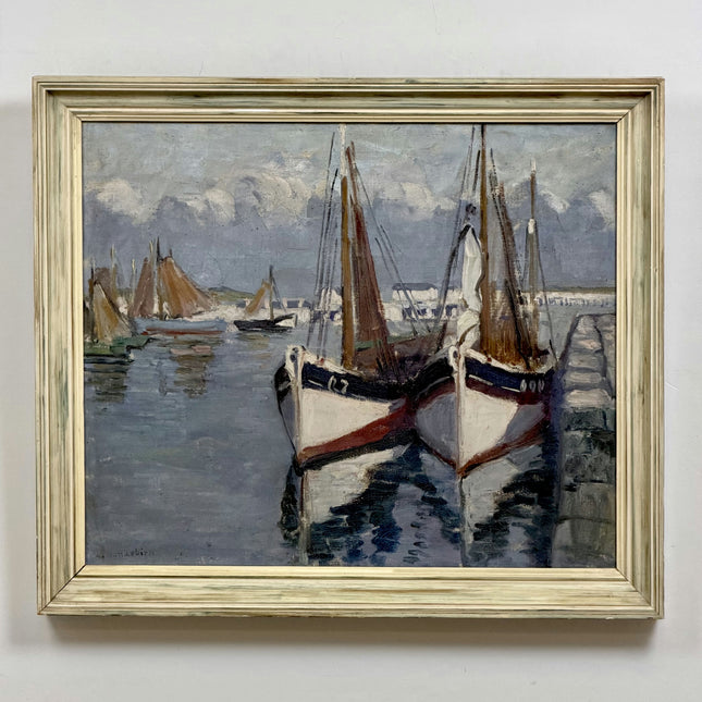 Expressive Harbor Scene Oil Painting "Fishing Boat" Vintage Large Artwork Holland Art Shop