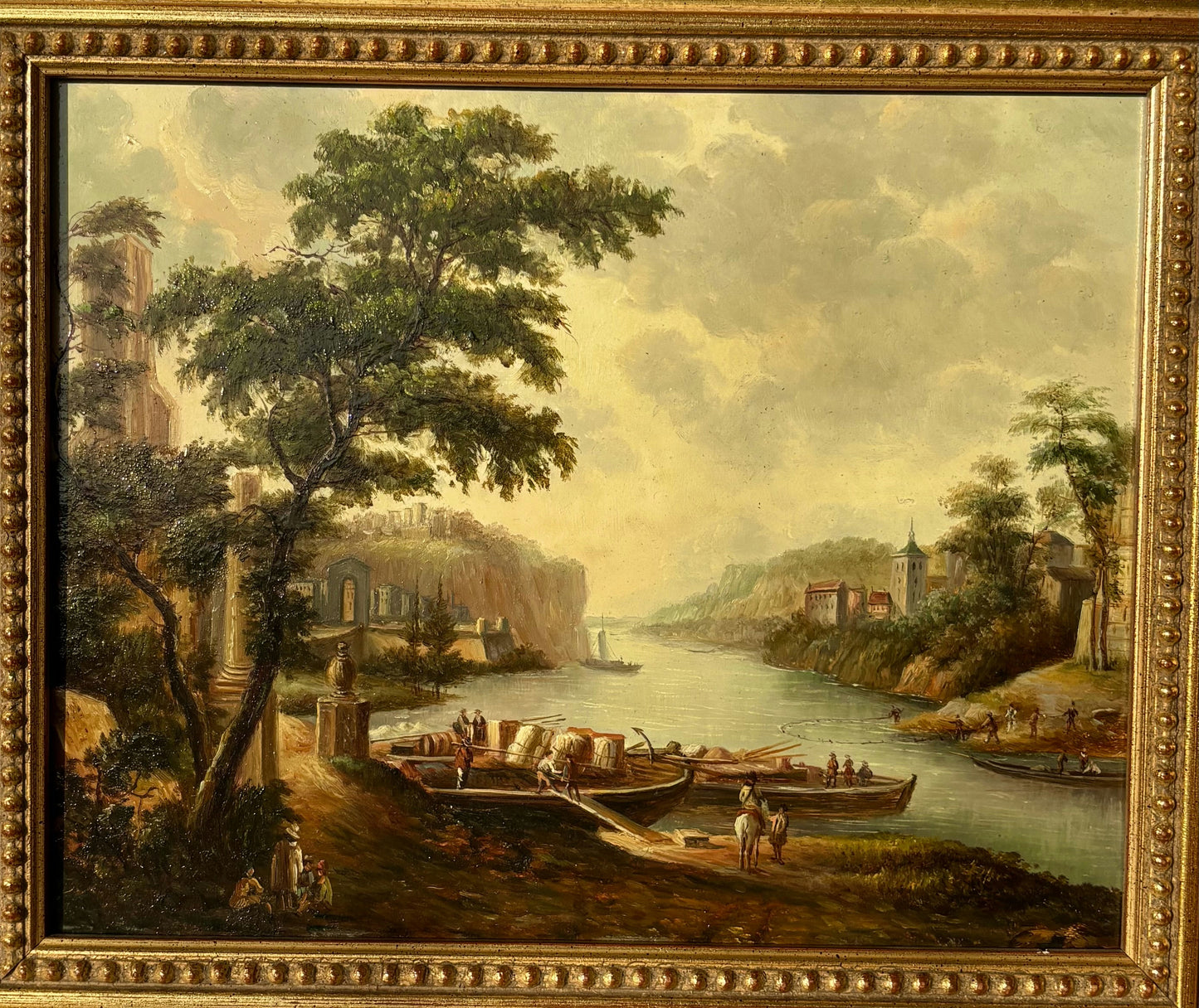 Marvelous Oil Painting Harbor Scene "Riverbank Scene" Expressive French Artwork