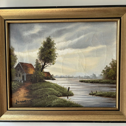 Traditional Landscape Oil Painting "Riverside House" Original Small Art Holland Art Shop