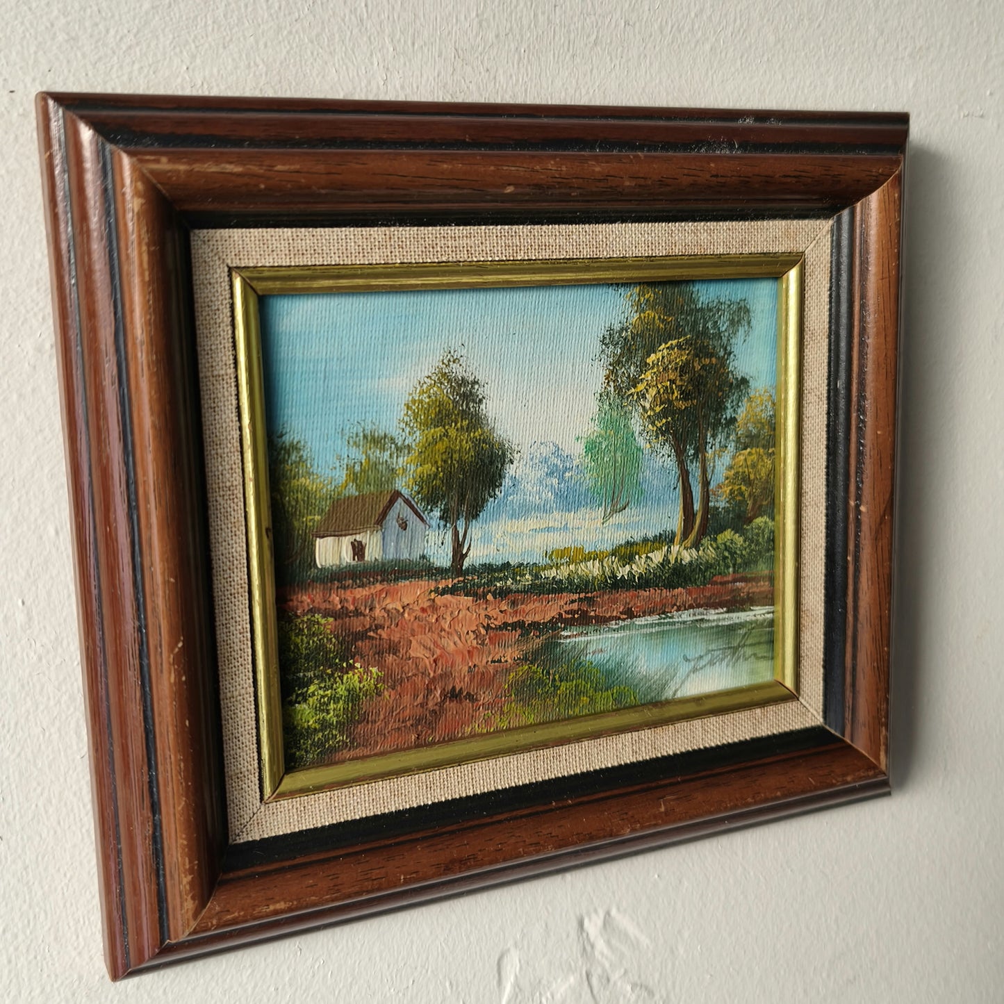 20th Century Vintage Cottage Trees River Mountain Sky Oil Painting Authentic