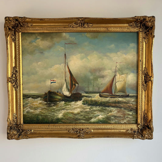Remarkable Oil Painting Seascape "Sailing Vessels" Antique Medium Art