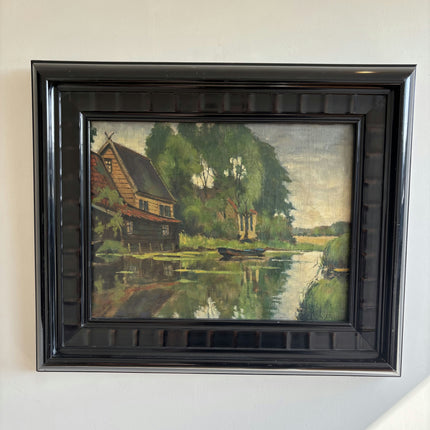 1942 Landscape Oil Painting "Riverside House" Artwork Holland Art Shop