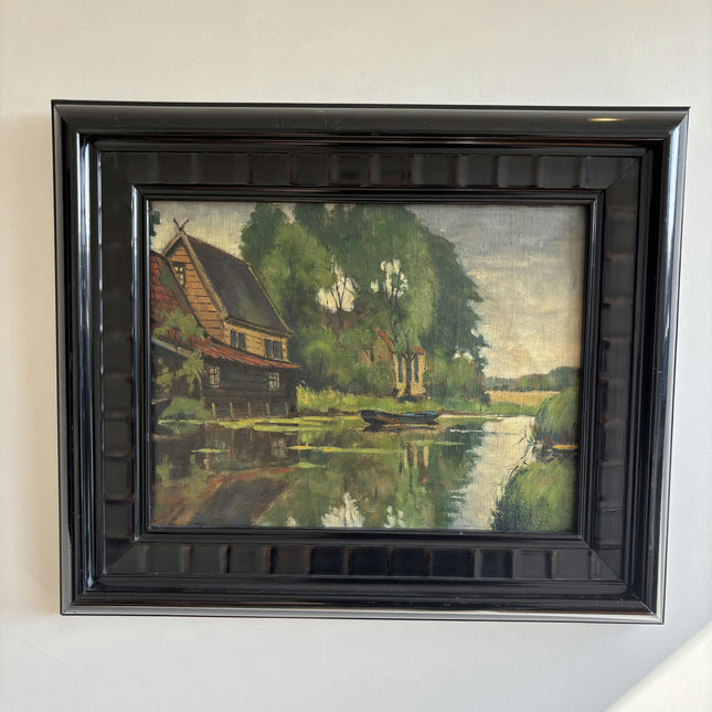 1942 Landscape Oil Painting "Riverside House" Artwork Holland Art Shop